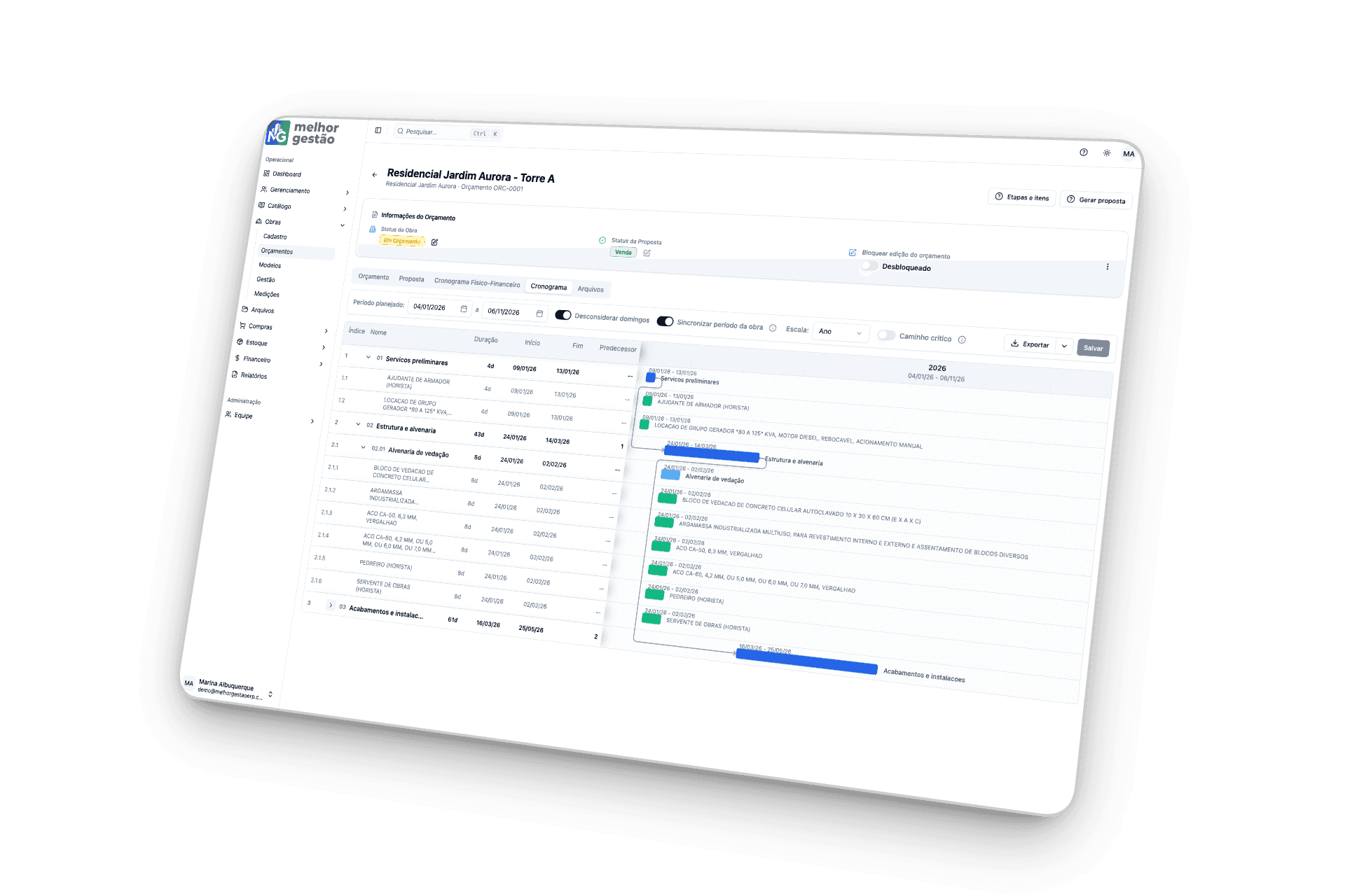 Tela de cronograma Gantt da obra com etapas, datas e barras de prazo