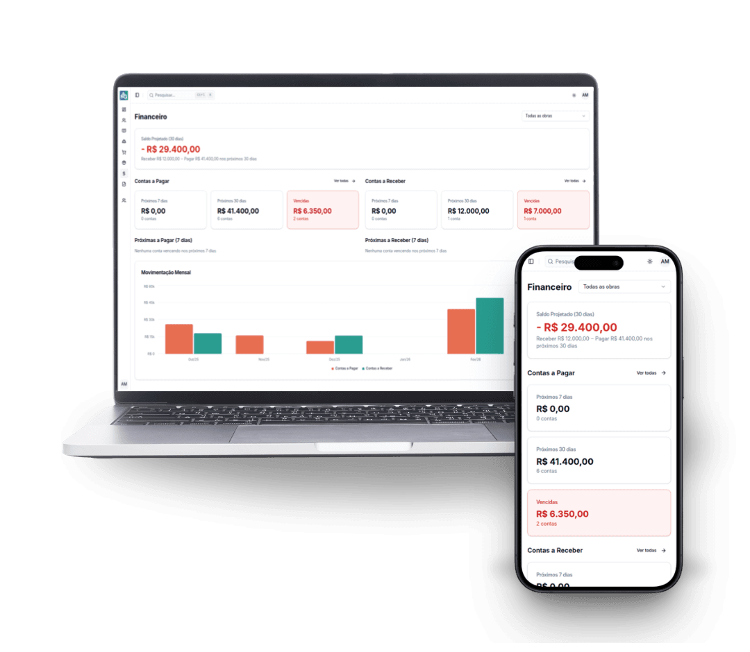 Tela do módulo financeiro da obra no desktop e no celular