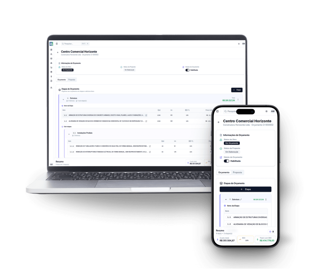 Tela de orçamento da obra com visão no desktop e no celular